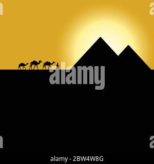 gypt pyramids with camel caravan on sunset illustration Stock Vector