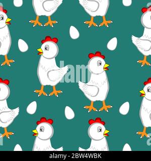 Happy white chicken mom and egg. Vector seamless illustration. Stock Vector