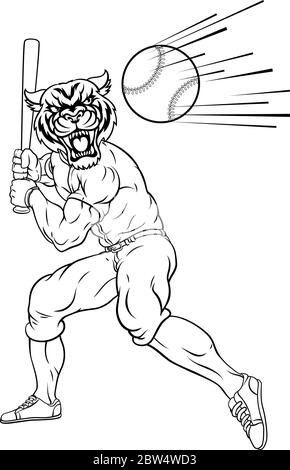 Tiger Baseball Player Mascot Swinging Bat at Ball Stock Vector