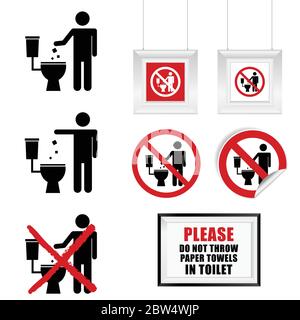 no throw paper towels in toilet sign set illustration in colorful Stock Vector
