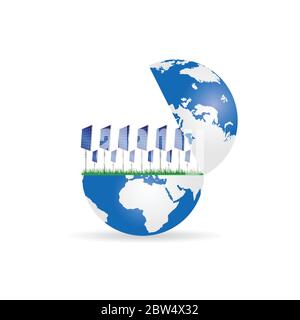 globe with solar panel set illustration in colorful Stock Vector