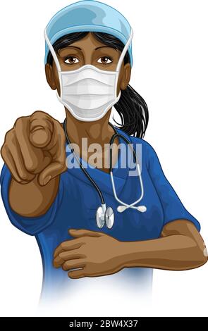 Doctor or Nurse Woman in Scrubs Uniform Pointing Stock Vector