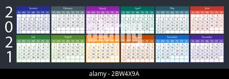 Calendar 2021. Week starts on Sunday.Colorfol design on dark background. Vector illustration Stock Photo