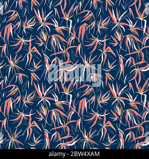 Elegant hand drawn bamboo leaves in a tossed pattern seamless repeat. Vintage style vector pattern design with botanical motifs on dark blue Stock Vector