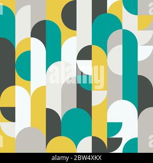 Abstract retro style seamless vector pattern with geometric shapes colored in yellow, green and grey. Modern geometrical pattern for textiles, fashion Stock Vector