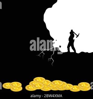 mining bitcoin icon with man silhouette illustration in colorful Stock Vector