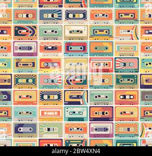 Seamless pattern with audio cassette tapes in a retro color palette. 80s and 90s music and culture inspired vector pattern. Stock Vector
