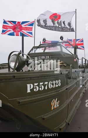 Military vehicles on static display on South Parade Pier in Portsmouth, Hampshire, England, UK, during the D-day 75 celebrations in June 2019. Stock Photo