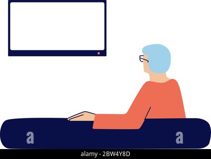 Elderly man watching TV at home. Senior, old man, pensioner sitting in a sofa alone, watching news. Back view. Empty TV frame for your text. Modern Stock Vector