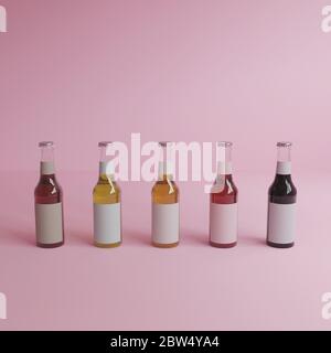3d rendering 5 glass bottles of water with white labels, pink background,minimal style,pastel colour Stock Photo