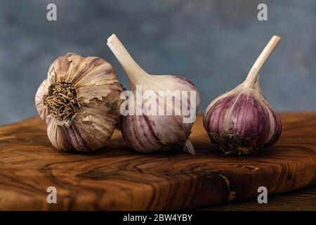 Allium Sativum, garlic bulbs on a wooden cutting board with a dark blue background Stock Photo