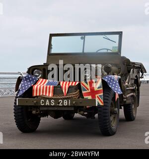 Military vehicles on static display on South Parade Pier in Portsmouth, Hampshire, England, UK, during the D-day 75 celebrations in June 2019. Stock Photo