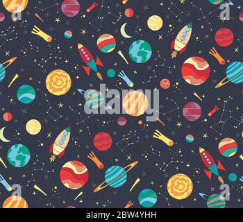 Seamless vector pattern with colorful hand drawn spaceships, planets and stars. Astronomy themed pattern for wallpaper, textiles, kids prints. Stock Vector