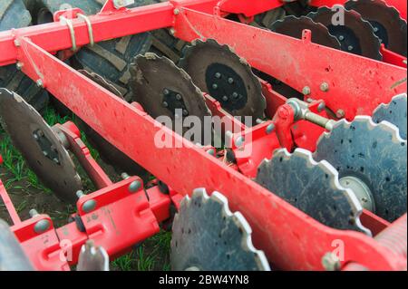 Close up disk harrow of agriculture machine Stock Photo