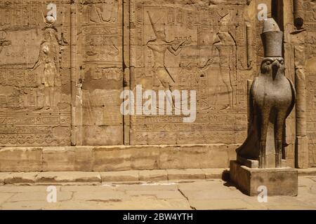 Hieroglyphic wall and mythological hawk sculpture carved by the ancient Egyptians on the Edfu temple near Aswan in Egypt. Stock Photo