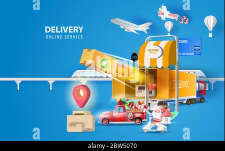 Merry Christmas Online delivery smartphone concept.Fast respond package shipping on mobile.Online order tracking world map location.Logistic Service d Stock Vector