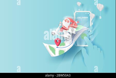 Merry Christmas Online delivery smartphone concept.Fast respond delivery package shipping on mobile.Online order tracking world map location.Logistic Stock Vector