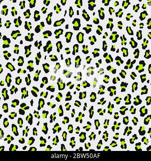 Seamless 80s Retro Style Leopard Print with lime green spots on white background. Vector illustration animal repeat surface pattern. Punk rock style Stock Vector