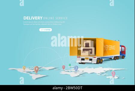 Online delivery service concept, online order tracking,Delivery home and office.City logistics and Warehouse on mobile.Location with yellow delivery t Stock Vector