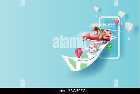 Merry Christmas Online delivery smartphone concept.Fast respond delivery package shipping on mobile.Online order tracking world map location.Logistic Stock Vector