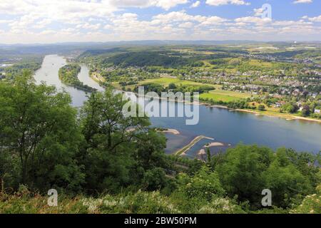 Panarama view from the Drachenfels to the river Rhine and view of Nonnenwerth Island. Bad Honnef near Bonn, Germany. Stock Photo