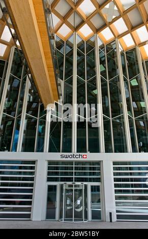 Entrance to the headquarters of the Swiss watch manufacturer Swatch, Biel, Switzerland Stock Photo