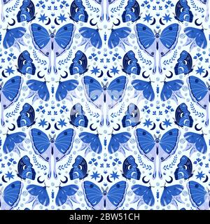 Hand drawn moths/butterflies pattern in a scallop reflected repeat colored in tones of blues. Elegant seamless vintage style vector pattern. Stock Vector
