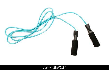 Blue skipping rope or jump rope isolated on white background, top view Stock Photo