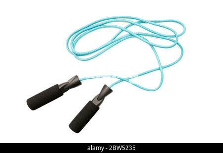 Blue skipping rope or jump rope isolated on white background, top view Stock Photo
