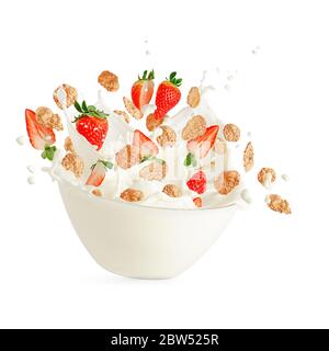 Healthy breakfast concept. Strawberries with cereal corn flakes flying from splashing milk. Stock Photo