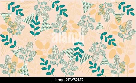 Modern and abstract seamless pattern combining organic leaves, line art illustrations, and geometric shapes, featuring a soft and trendy color palette Stock Vector