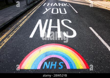 Newly painted road markings Thank you NHS and a rainbow have been painted outside a medical centre in Manchester to thank all the front line NHS staff.