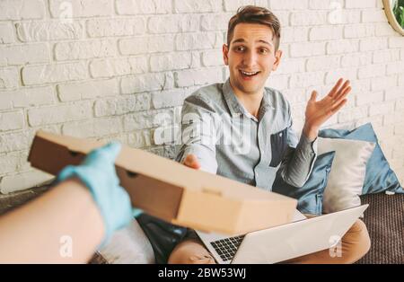 Pov Delivery Man Protective Gloves Giving Shopping Bags Check Out