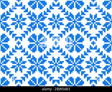 Folk Art seamless repeat pattern design with blue floral elements on white background. Eastern European traditional embroidery pattern. Transylvania Stock Vector