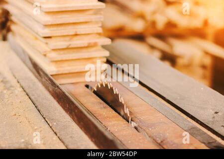 Closeup of professional power sawing machine for cutting wood boards and planks at woodworking production workshop. Sharp blade of electrical circular Stock Photo