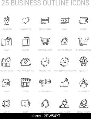 Business advantages outline icon set. Collection of 25 high quality outline web pictograms in modern style on white background Stock Vector