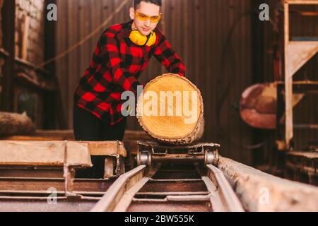 Young workman in protective glasses, headphones moving cut tree log to sawing machine at woodworking workshop. Skilled professional joiner works with Stock Photo