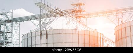 Panorama banner modern crop processing plant facility for storage, drying and processing of raw harvest product: grain, corn, wheat. Agriculture busin Stock Photo
