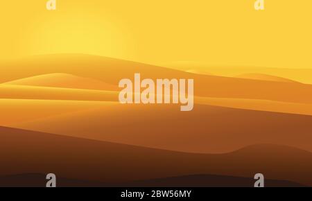 Desert landscape vector illustration with sun shining over sand dunes. Morning desert mountains. Stock Vector