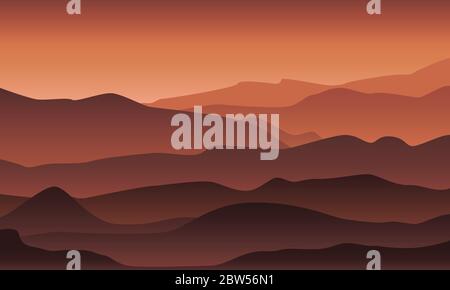 Desert mountain landscape in sunset/sunrise light and fog. Morning /evening in the mountains illustration Stock Vector