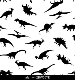 Seamless vector pattern with dinosaurs black silhouettes. Set of various dinosaurs on white background. Surface pattern design for wallpaper, wrapping Stock Vector