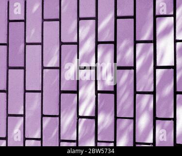 Brickwall texture lilac background or backdrop with stains and cement smears. the rays of the sun fall on the wall. Stock Photo