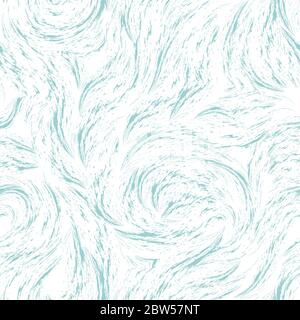 Vector seamless pattern of blue splashes of drops and waves isolated on white background. Texture for fabrics or wrapping paper. Stock Vector