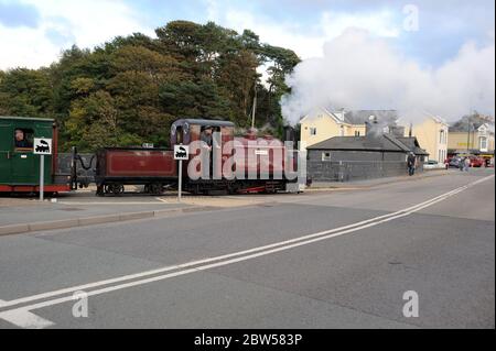 'Prince' crossing Britannia Bridge with a vintage shuttle service from Beddglelert. Stock Photo
