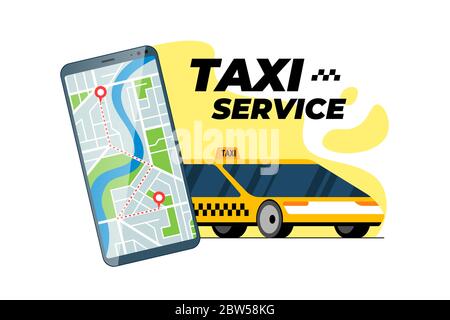 Smartphone with taxi transfer route and geotag gps location pin arrival address on city map. Online cab order service mobile app concept. Get yellow taxicab positioning application vector illustration Stock Vector