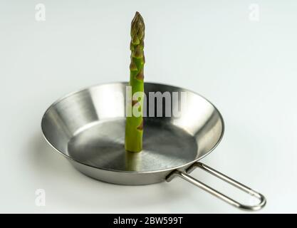 concept photo, a huge asparagus stands in the center of a small steel pan on a white background. Stock Photo