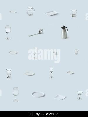 collage of various plates and glasses on light blue background, filtered image Stock Photo