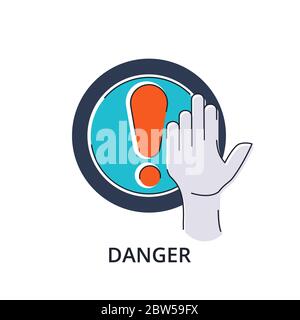 Concept of danger sign with hand in flat line design. Modern vector illustration for web and app design, marketing and print material Stock Vector