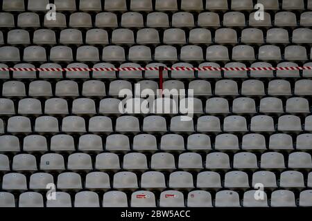 Freiburg Im Breisgau, Germany. 29th May, 2020. Football: Bundesliga, SC Freiburg - Bayer Leverkusen, 29th matchday at the Black Forest Stadium. The empty seats in the stands. Credit: Ronald Wittek/epa/Pool/dpa - IMPORTANT NOTE: In accordance with the regulations of the DFL Deutsche Fußball Liga and the DFB Deutscher Fußball-Bund, it is prohibited to exploit or have exploited in the stadium and/or from the game taken photographs in the form of sequence images and/or video-like photo series./dpa/Alamy Live News Stock Photo