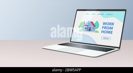Open laptop with remote work search page. Realistic style. Stock Vector